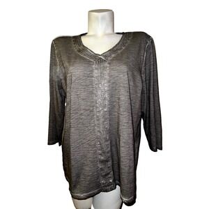 CHICO'S Top Size XL (3) Green Sequin V-neck 3/4 Sleeve Cotton Pullover Tee Shirt